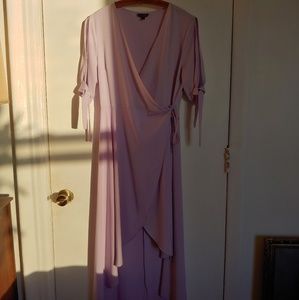 Lavender silk wrap dress with asymmetrical hem